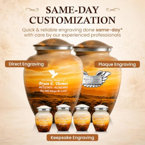 Custom Engraved Plaque Serenity Sunset Cross Urn for Human Ashes Set of 6 Includes 1Large Funeral Urn for Adult Male & Female with 4 Small Keepsake Urn & 1 NecklaceUrn to Memory of Your Loved Ones - color: Serenity Cross Set - Plaque