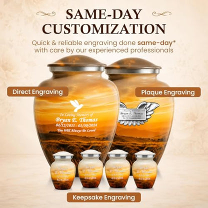 Custom Engraved Plaque Serenity Sunset Cross Urn for Human Ashes Set of 6 Includes 1Large Funeral Urn for Adult Male & Female with 4 Small Keepsake Urn & 1 NecklaceUrn to Memory of Your Loved Ones - color: Serenity Cross Set - Plaque