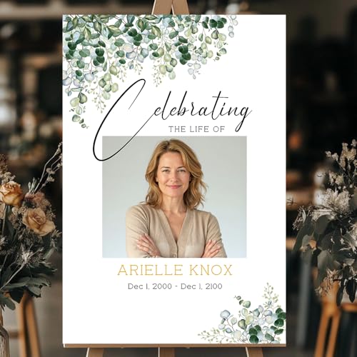 Custom Funeral Welcome Sign with Photo, Personalized Celebration of Life Memorial Sign, In Loving Memory Yard Sign, Funeral Welcome Poster, Elegant Greenery Memorial Decor - color: Memorial 1