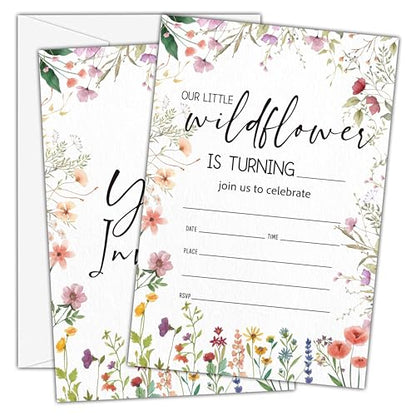 Birthday Invitations for Girl - Wildflowers Birthday Invites with Envelopes(25-Count) - Garden Fill-in Invite Cards for Girls Party Supplies Favors Decorations - A14 - style: Our Little Wildflower