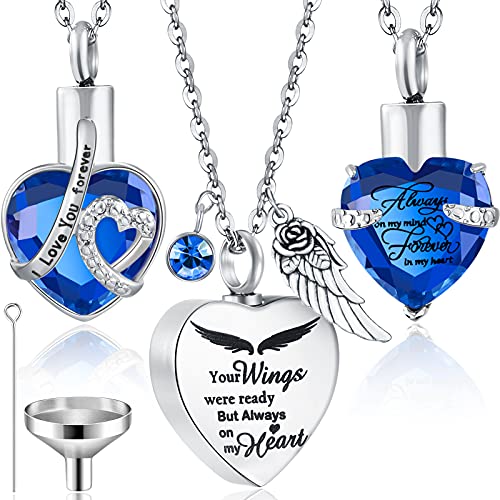 Jadive 3 Pcs Urn Necklace for Ashes for Women Cremation Heart Ashes Jewelry Crystal Ocean Necklace Summer Waterproof Memorial Pendant Stainless Steel Keepsake with Angel Wing 12 Birthstones Filling