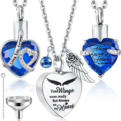 Jadive 3 Pcs Urn Necklace for Ashes for Women Cremation Heart Ashes Jewelry Crystal Ocean Necklace Summer Waterproof Memorial Pendant Stainless Steel Keepsake with Angel Wing 12 Birthstones Filling