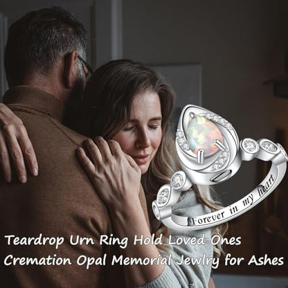 Jinlou Sterling Silver Teardrop Opal Urn Ring for Ashes Cremation Rings Memorial Jewelry for Women for Ashes of Loved Ones