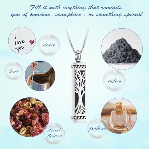 Tree of Life Urn Necklace, Stainless Steel Memorial Ashes Pendant | Tree of Life Cremation Jewelry Stainless Steel Locket Vertical Bar Keepsake Necklace Jewelry for Women Men Human Ashes - color: Silver