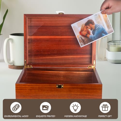 Larger Wooden Memory Keepsake Boxes With Hinged Lids and a photo frame inside the lid - Decorative Storage Box With a Hinge Lids For Picture Letter Time Capsule - 5.3“*8.6”*11.7“- Acacia