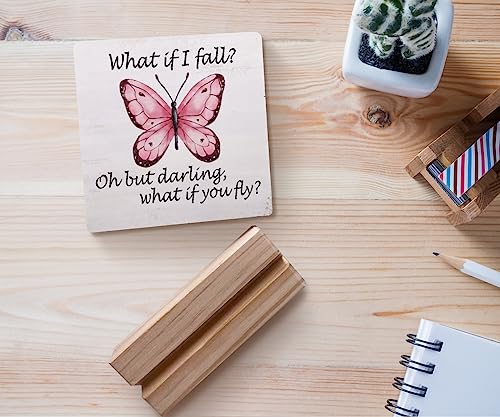 What If I Fall Oh but Darling What If You Fly Inspirational Wood Plaque with Wooden Stand,Motivational Butterfly Wooden Plaque Sign Desk Decor for Home Girls Room Office Table Shelf Decoration
