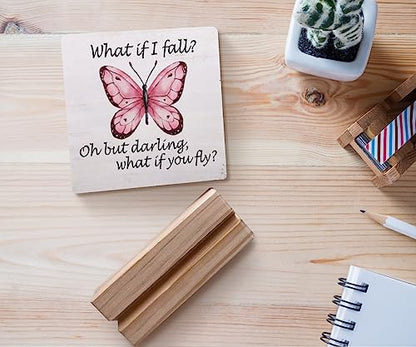 What If I Fall Oh but Darling What If You Fly Inspirational Wood Plaque with Wooden Stand,Motivational Butterfly Wooden Plaque Sign Desk Decor for Home Girls Room Office Table Shelf Decoration