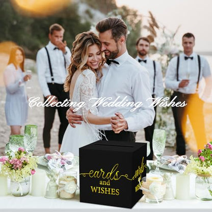 WNINK Black Card Box with Gold Foil Design, Cards and Wishes Gift Cards Box Receiving Box for Wedding Receptions, Bridal & Baby Showers, Anniversaries, Birthdays Party, Graduations, Retirements - color: Cards Wishes Black Gold