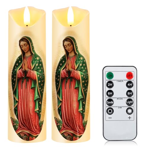 Baquler 2 Pcs Religious Flameless LED Prayer Candle Real Wax Baptism Set Devotion Candles Religious Decoration Gift for Home and Office, Battery Operated with Remote Control(Our Lady of Guadalupe) - style: Our Lady of Guadalupe