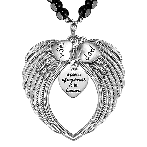 Silver Angel Wings A Piece of My Heart is in Heaven Rear View Mirror Car Charm, Mom Dad Angel Ornament, Sympathy Condolence Gift - style: Mom & Dad