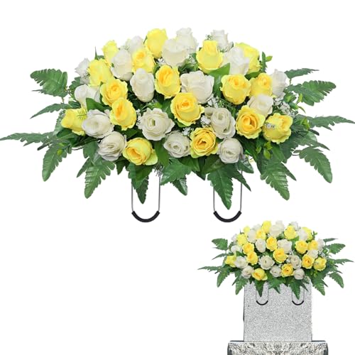 Artificial Cemetery Flowers Saddle - Grave Decoration Headstone Flower Rose for Outdoor Grave Decorations (Yellow White) - color: Yellow White