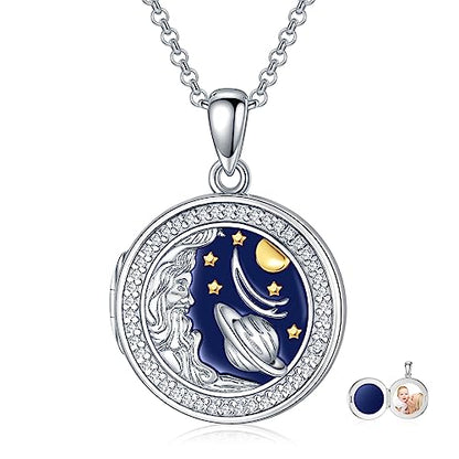 Round Locket Necklace 925 Sterling Silver Filigree/Flower Locket Necklace That Holds Pictures Birthday Christmas Jewelry Gifts for Women - color: 09-Planet Locket