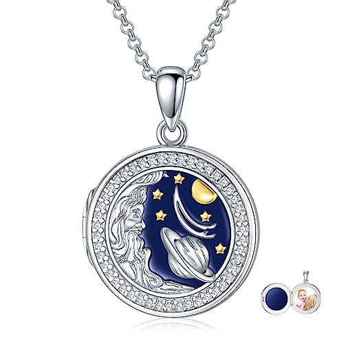 Round Locket Necklace 925 Sterling Silver Filigree/Flower Locket Necklace That Holds Pictures Birthday Christmas Jewelry Gifts for Women - color: 09-Planet Locket