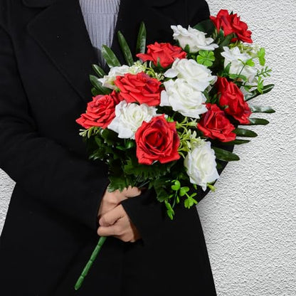 XONOR Artificial Cemetery Flowers, Memorial Rose Flowers Grave Decoration Flower Bouquets with Vase for Cemetery Graveyard Headstones Decor, Set of 2 (Red&White)