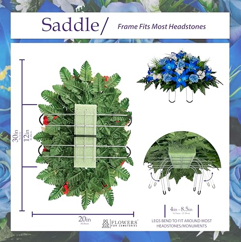 Sympathy Silks 30" Headstone Flower Saddle Artificial Cemetery Flowers - Gravesite Flowers - Blue Lily and Rose with White Daisies - color: Blue, size: Saddle
