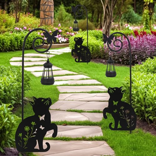 Solar Cat Lantern Garden Stakes 28.7in Metal Outdoor Night Light - color: Black Cat