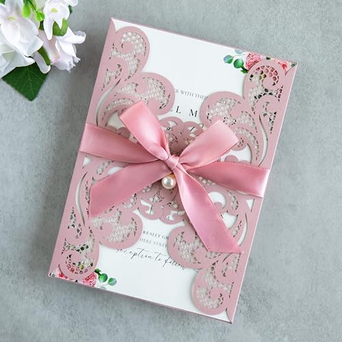 20Pcs Dusty Rose Laser Cut Wedding Invitation Cards With Envelopes - color: Dusty Rose