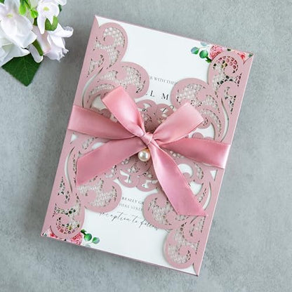 20Pcs Dusty Rose Laser Cut Wedding Invitation Cards With Envelopes - color: Dusty Rose