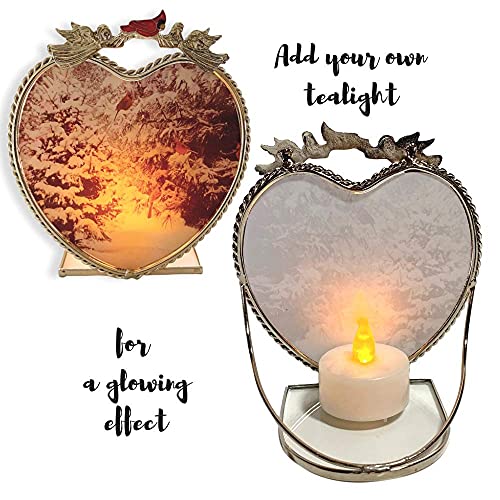 Cardinal Winter Scene Tealight Candle Holder, Snowy Forest Votive Candleholder with Red Cardinals and Metal Angel Accents, Clear Base Christmas Memorial Decor, Sympathy Gift, 4 5/8 x 4 1/8 x 2.5
