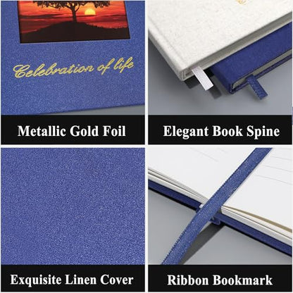 SUNEE Funeral Guest Book for Memorial & Funeral Services – in Loving Memory Funeral Book, Celebration of Life Guest Book with 100 Lined Pages, Table Sign, Ribbon Bookmark and Linen Hardcover, Black - color: Navy Blue