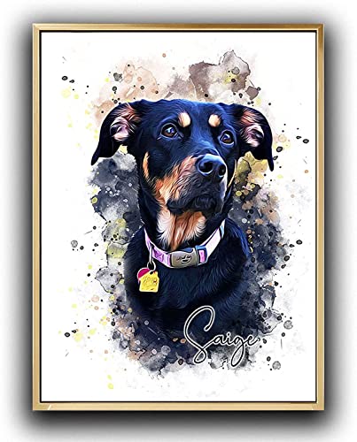 Custom Dog/Cat Portrait Watercolor Painting Framed Canvas Prints with Your Photos Wall Art for Home Decoration, Personalized Memorial Gift for Pet Lovers Dog Moms (12x16 inches, Gold Frame) - color: Gold Frame, size: 16"L x 12"W