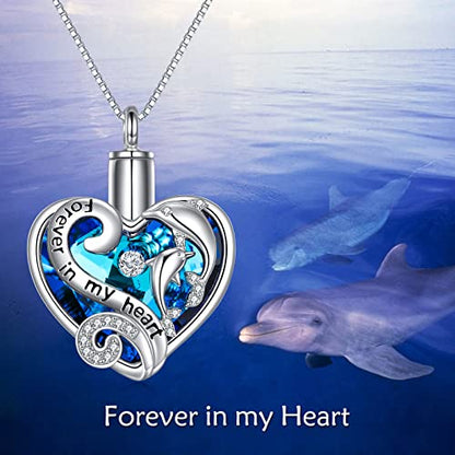 WINNICACA Silver Cremation Urn Necklaces for Ashes of Loved Ones - style: Dolphins Crystal Necklace