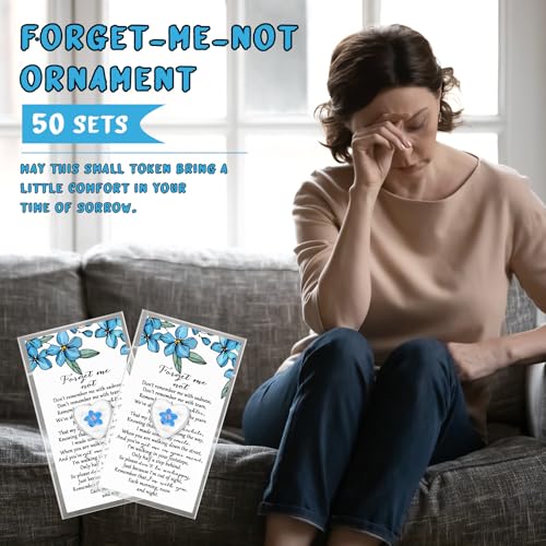 50 Sets Forget-me-not Flower Gift Set, Heart-shaped Dried Pressed Flower Keepsakes with Sympathy Cards and Bags, Memorial Remembrance Tokens for Funeral, Wedding, Baptism Ornament Favors - style: Forget-me-not Flower