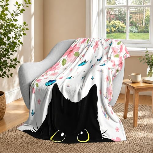 Black Cat Fleece Throw Blanket, Flowers Flannel Blankets for Couch 50"×60" - color: Black Cat