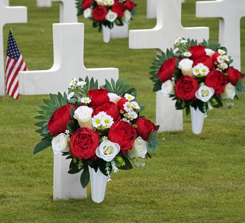 Artificial Flowers for Cemetery with Vase,Cemetery Flowers for Grave Vase,Florist Create Memorial Tombstone Bouquet:Red Peony,White Rose Mix Arrange,Weather Resistant,Easy use - size: 1bouquet with 1vase