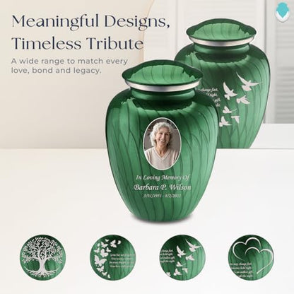 Geturns Embrace Adult Personalized Doves Cremation Urns for Human Ashes I Large Picture Pearl Green Funeral Urn for Adult Men and Women with Double Side Engraving I 200 lbs - color: _Pearl Green (Double Sided)