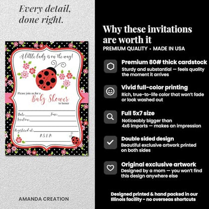 Amanda Creation Ladybug Baby Shower Invitations, 20 Fill-In 5x7 Love Bug Baby Shower Invitation Double-Sided Red Ladybug Theme Invite Cards with White Envelopes - style: Red Ladybug