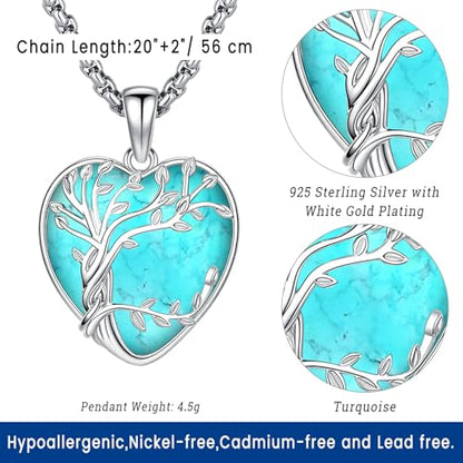 Eusense Tree of Life Necklace for Women Men Sterling Silver 925 Tree Urn Locket Cremation Jewelry Family Tree Pendant Gifts for Her Him Mom Dad Grandma Daughter - style: E-E-Tree of Life Necklace Turquoise