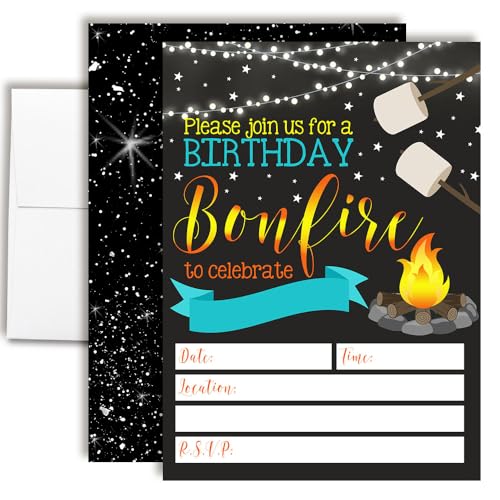 Backyard Bonfire Camping Under the Stars Birthday Party Invitations for Boys, 20 5x7 Fill In Cards with Twenty White Envelopes by AmandaCreation - style: Backyard Bonfire Camping for Boys