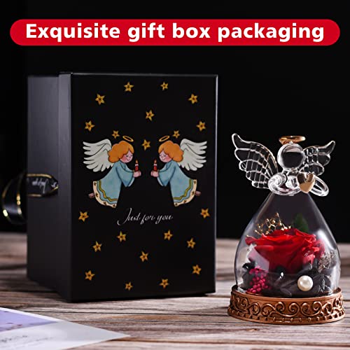 Preserved Real Rose in Glass Angel Figurine with LED Light, Angel Gifts for Women, Mom, Grandma on Mother's Day Christmas Birthday (Red) - color: Red
