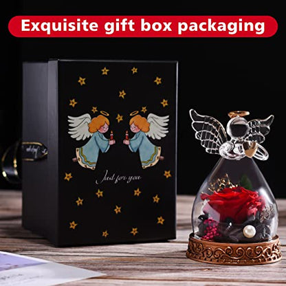 Preserved Real Rose in Glass Angel Figurine with LED Light, Angel Gifts for Women, Mom, Grandma on Mother's Day Christmas Birthday (Red) - color: Red