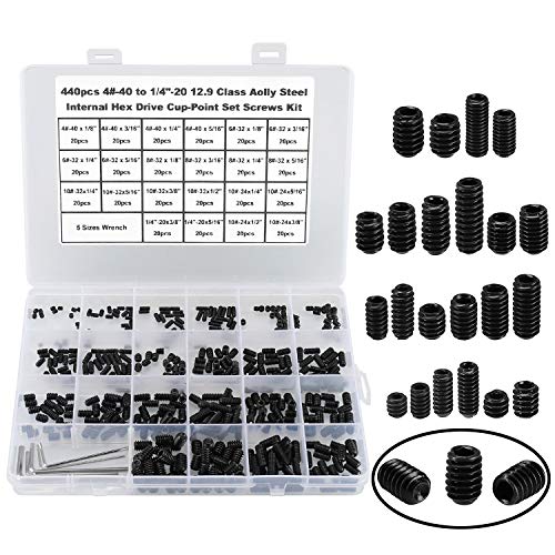 440Pcs 22 Sizes,4#-40 to 1/4"-20 Standard SAE Allen Head Socket Hex Grub Screw Assortment Kit,Internal Hex Drive Cup-Point Set Screws Set with 5pcs Hex Wrenches,12.9 Class Alloy Steel-Black - color: Black-440pcs 4-40 to 1/4-20 SAE Set Screw