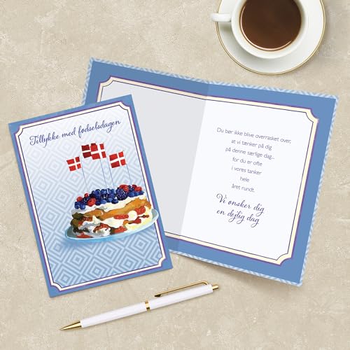 Designer Greetings Danish Language Happy Birthday Cards 6 Pack | Boxed Card Set, Matching Envelopes, Foil and Glitter Details - style: 6 PK Danish Birthday - Danish Layer Cake