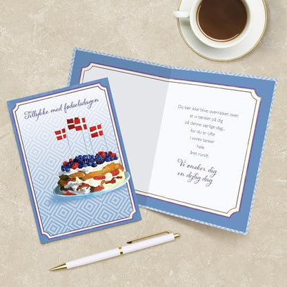 Designer Greetings Danish Language Happy Birthday Cards 6 Pack | Boxed Card Set, Matching Envelopes, Foil and Glitter Details - style: 6 PK Danish Birthday - Danish Layer Cake