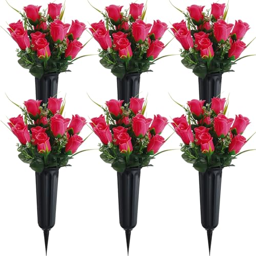 Tigeen 6 Set Cemetery Memorial Flowers for Grave Decor,Rose Red | 12 Bunches 84 Heads, Artificial Silk Rose Floral Bouquet with Grave Vase for Gravesite Cemetery Headstones Decorations - color: Rose Red