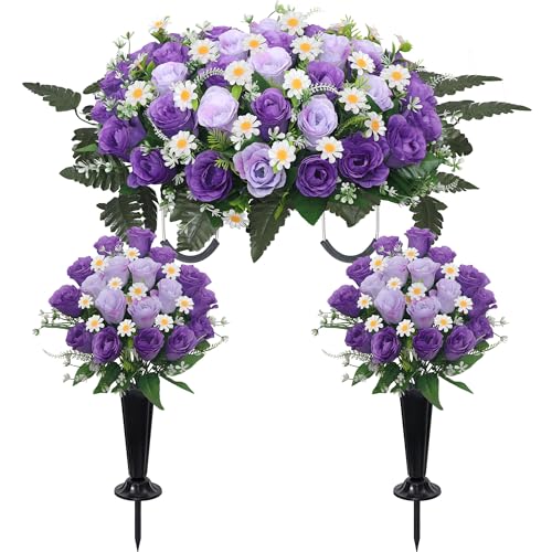 Wocst Headstone Flower Saddle,Large Artificial Cemetery Flowers for Grave 2Pack Artificial Silk Roses Daisy Bouquets with Cemetery Vases for Outdoor Grave Decorations (Purple) - color: Purple