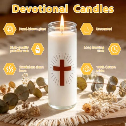 White Prayer Candles, Devotional Prayer Candle in Glass Jars, Long‑Burning Smokeless Cross Catholic Candles for Church, Altar Vigil & Memorials - size: 1