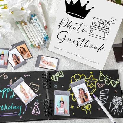 AmazingSpark Birthday Guest Book Set Memory Photo Guest Book Black Gold Decoration Birthday Gift for Men Women Wood Signature Photoprop Party Supply Sign Picture Album for Party Event(Universal) - size: Universal