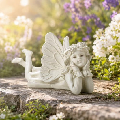 Laying Angel Garden Statue, Resin Fairy Figurine Outdoor Patio Decor | Weather-Resistant Accent For Lawns, Porches, Flower Beds And Garden Gifts - style: Angel Holding Face