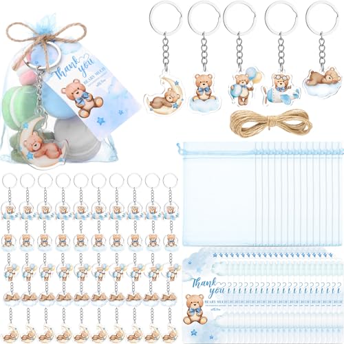 Equsion 50 Sets Bear Party Baby Shower Favors for Guest Blue Brown Acrylic Cute Bear Keychain with Blue Organza Bags and Thank You Tags for Baby Shower Birthday Theme Party Supplies - style: Blue Bear