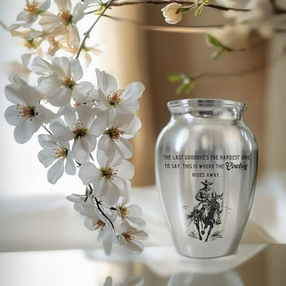 Cowboy Mini Keepsake Urn, Stainless Steel Small Memorial Urn for Human Ashes, Decorative Funeral Urn with Engraved Western Cowboy Boots and Hat with Cross, 2.56" Small Remembrance Vessel