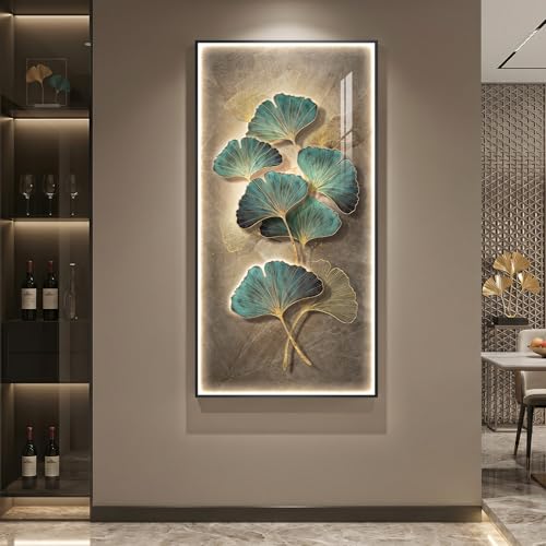 Framed LED Vertical Wall Art for Living Room, Modern Luxury Ginkgo 30x60 In - color: Green Ginkgo Leaf Wall Art
