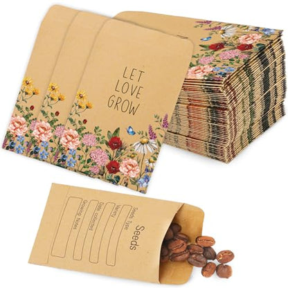 FYSUIMU 50Pcs Wildflower Seed Packets Let Love Grow Self-Adhesive Kraft Envelopes Rustic Floral Seed Storage Pockets for Garden Office Party Favors Supplies, 3.15 x 2.4 Inch