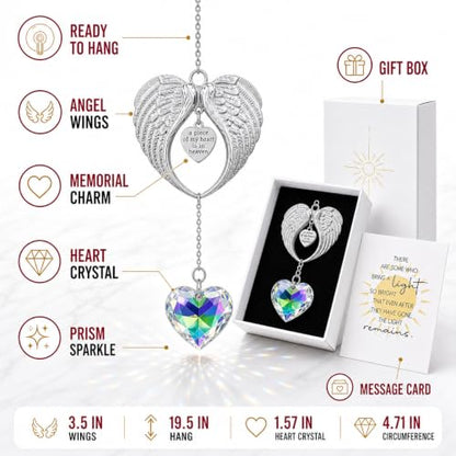 Memorial Suncatcher Gift for Loss of Mom, Crystal Angel Wings Sun Catcher | Gift for Loss of Mom, Windows, Sympathy Gift for Loss of Loved One, Bereavement Remembrance Grief for Women, Heart