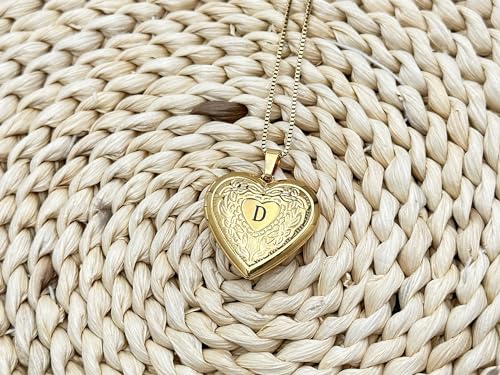 GOKING Love Heart Memory Locket Necklace Holds Pictures for Women - color: Letter D
