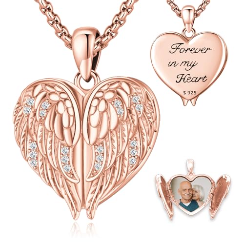Angel Wings Necklace 925 Sterling Silver Guardian Angel Nurse RN Caduceus Pendant Charm Crystal Angel Jewelry Gifts for Women - style: F-Angel Wings Locket (Rose Golden)